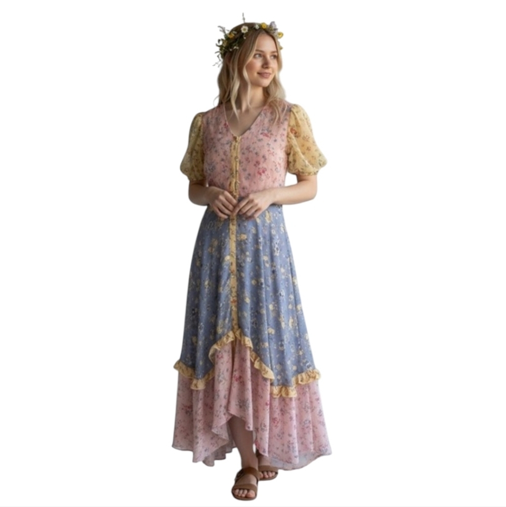 Anthropologie EVIE Pink & Icy blue Floral Maxi Dress